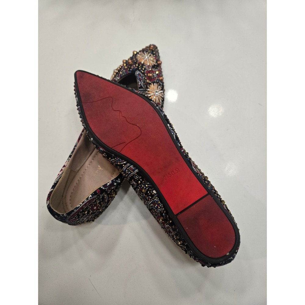 Paisley Beaded Pointed Toe Ballet Flats Red Bottom Sunburst Studded Shoes 7.5 - Picture 4 of 4
